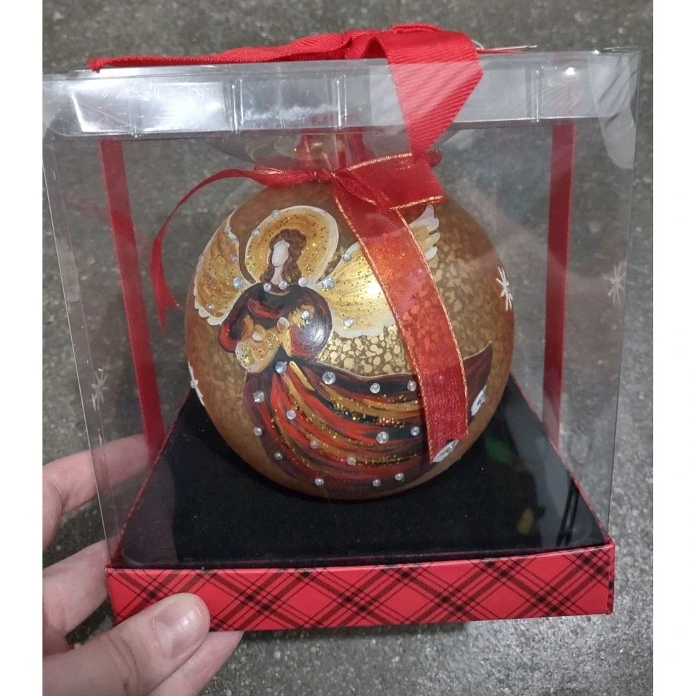 Bon-Ton Large Glass Christmas Ornament Hand Painted Angel Gold Speckle NIB